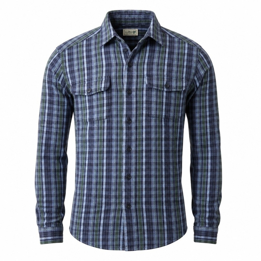 LL Bean Mens Heavyweight Flannel Shirt Blue Green Plaid Cotton Linen M-REG